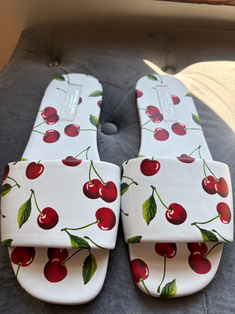 Michael Kors White Slide with Red Cherry Print